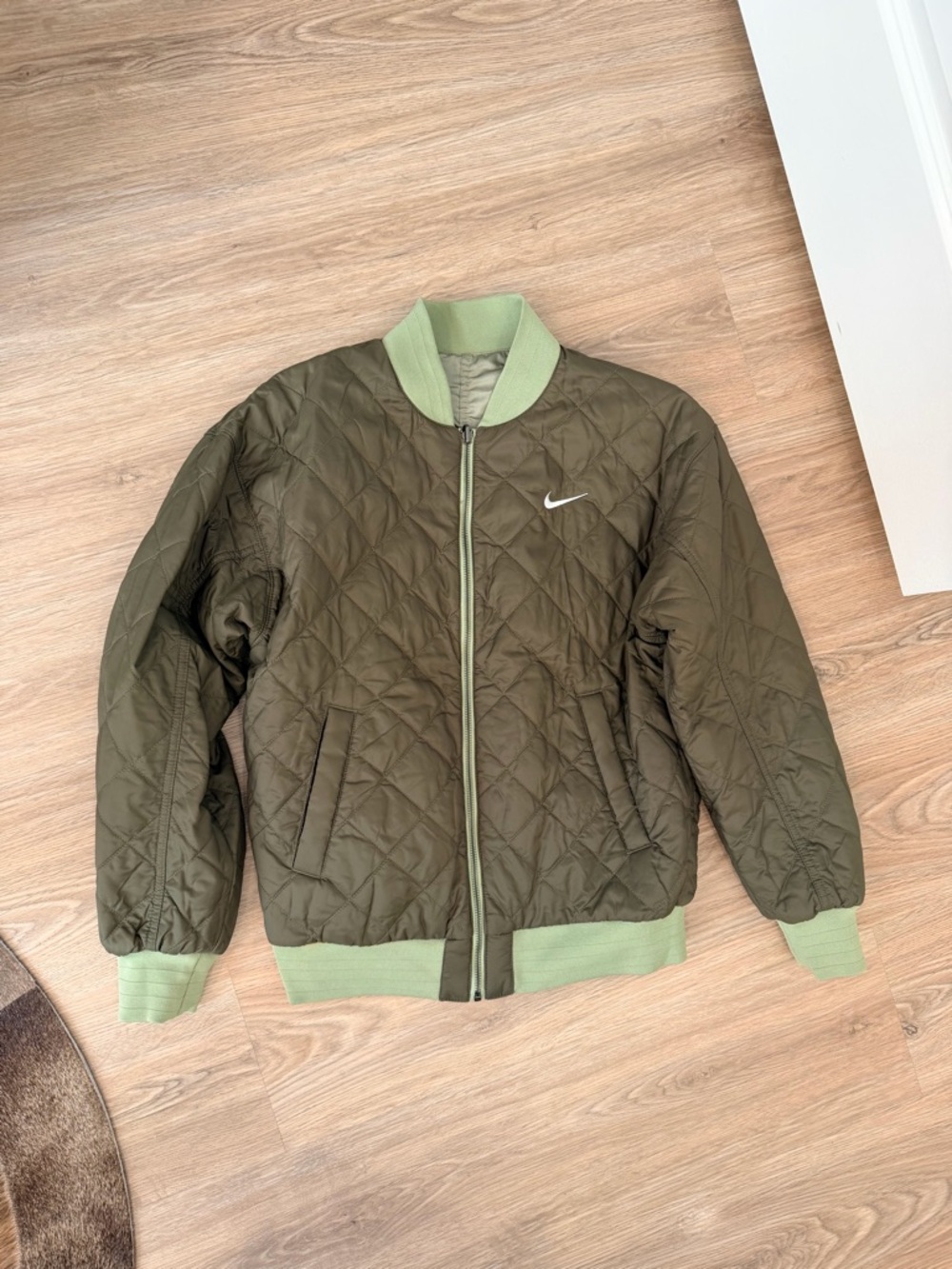 Nike Olive Green Quilted Bomber Jacket with Light Green Trim
